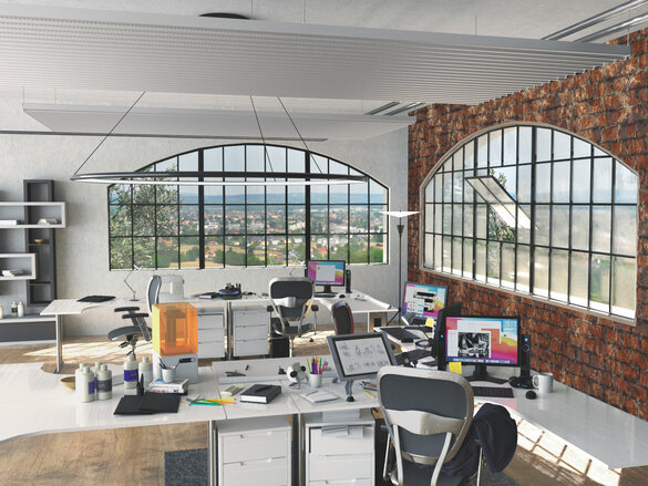 Rendering Zehnder ZFP Urban Heating and cooling ceilings Angled view