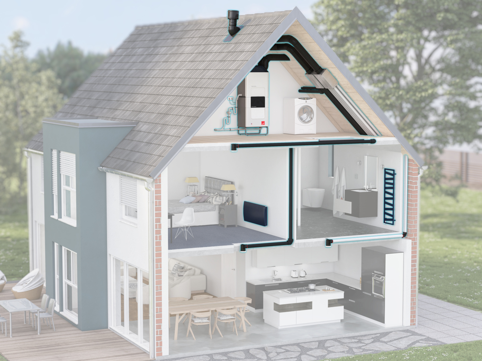 Zehnder_CSY_ComfoClime_SingleFamilyHome_View1_Highlight Comfo Air Q and Comfo Clime, Building installation, Visible air distribution, Cut-open building, Exterior, Single-family house,,CA Q,