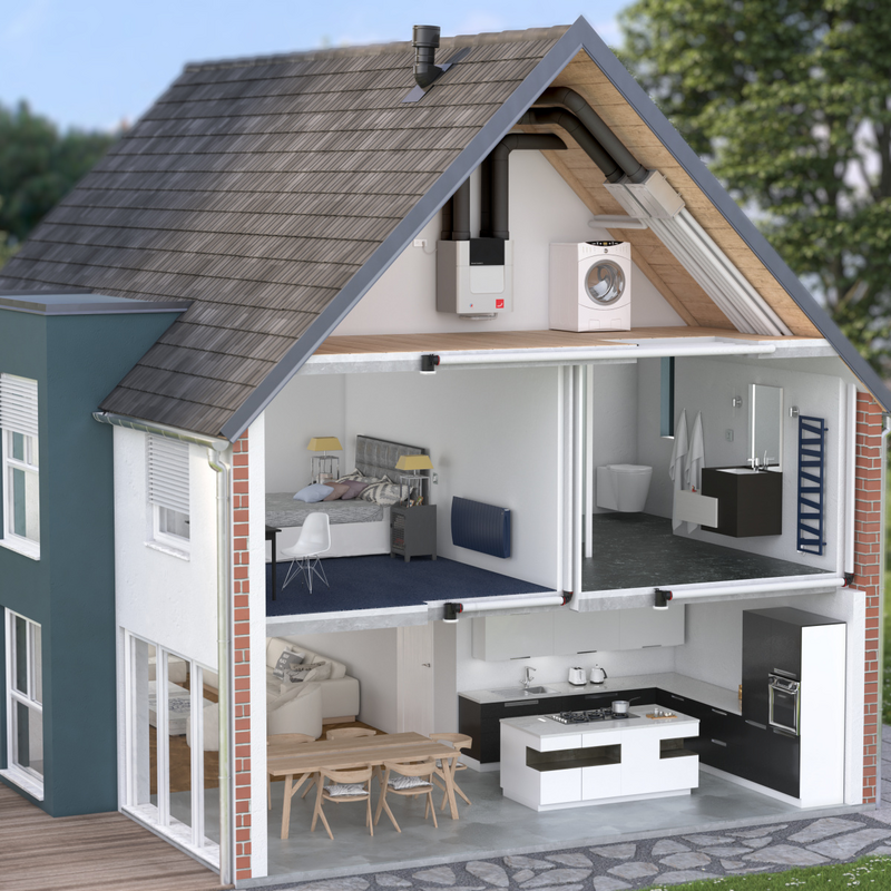 Comfo Air Q, Building installation, Visible air distribution, Cut-open building, Exterior, Single-family house,CA Q,