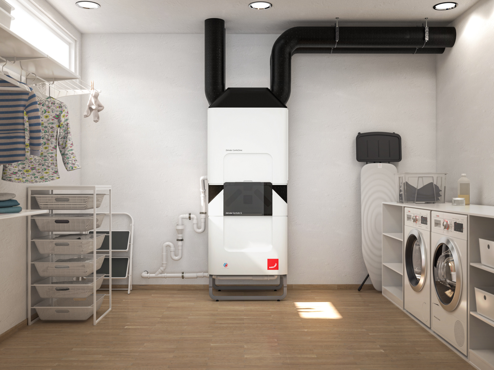 Zehnder_CSY_ComfoClime-ComfoAirQ-TR_basement_washingarea_Milieu Solución de refrigeración Zehnder ComfoClime