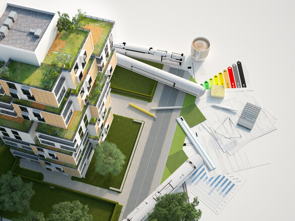 3D rendering of a Sustainable building architecture model with blueprints, energy efficiency chart and other documents, Energy effizientes bauen/planen / MFH, Mehrfamilienhaus, Renovieren