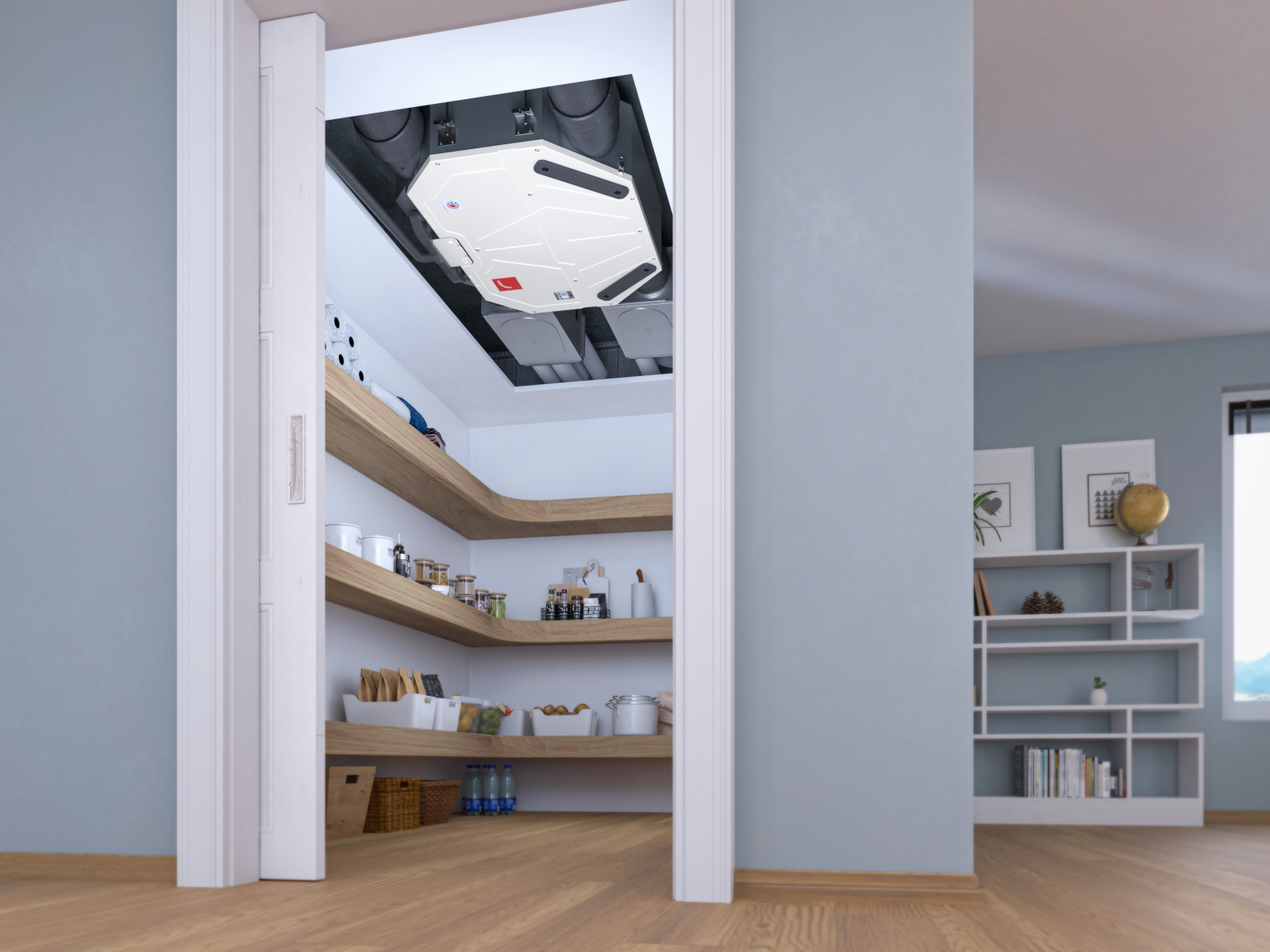 Zehnder-CSY-ComfoAirFlex_milieu_pantry Rendering Zehnder ComfoAir Flex 250 Comfortable indoor ventilation Angled view